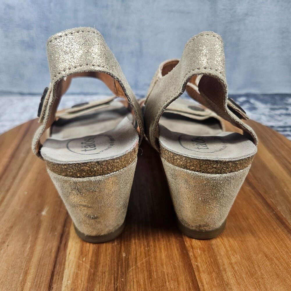 Taos Festival Sandals Womens Size 7 Beige Shimmer Leather Wedge Comfort Strappy - Picture 3 of 11